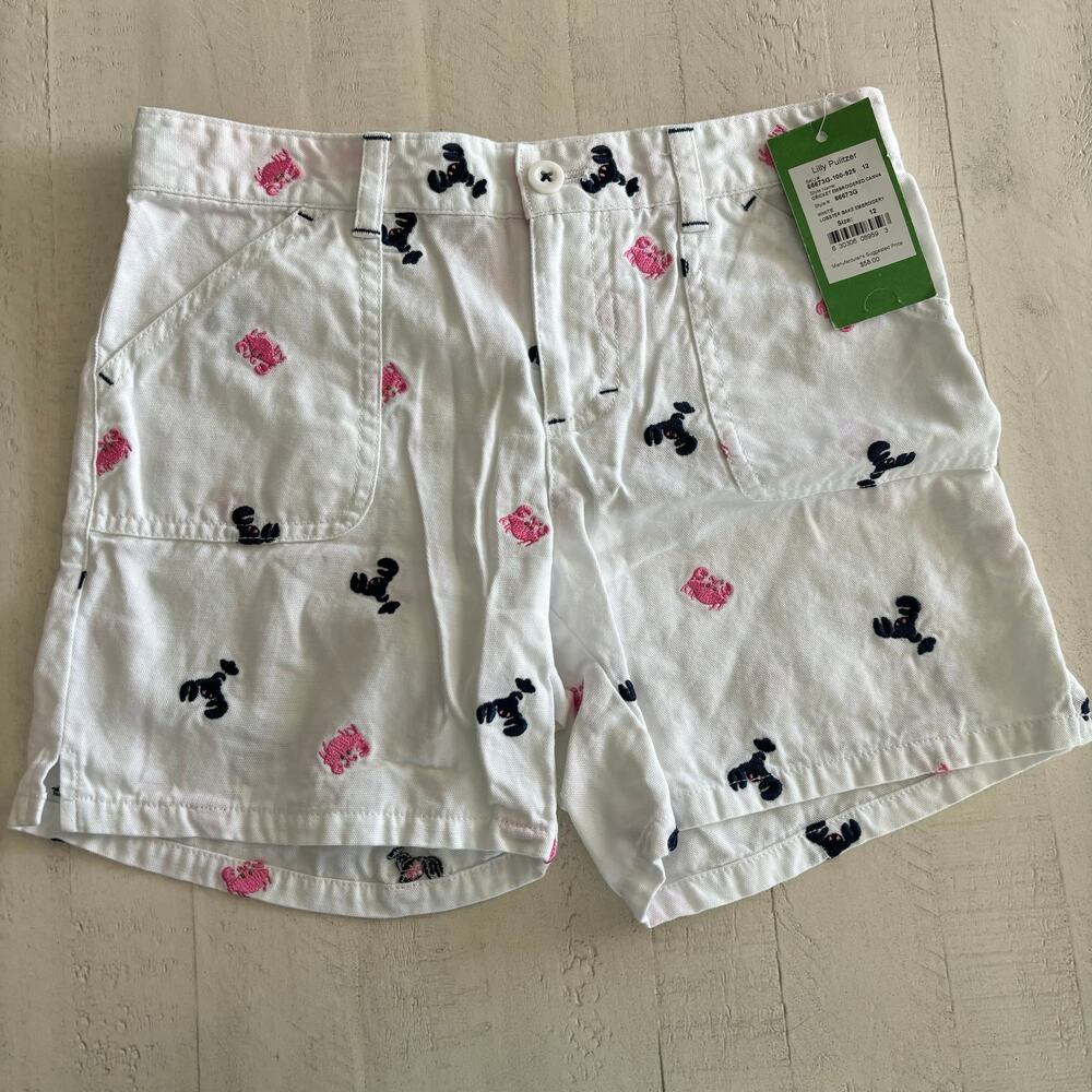Lilly Pulitzer Girls White Shorts with Pink & Navy Embroidered Motifs